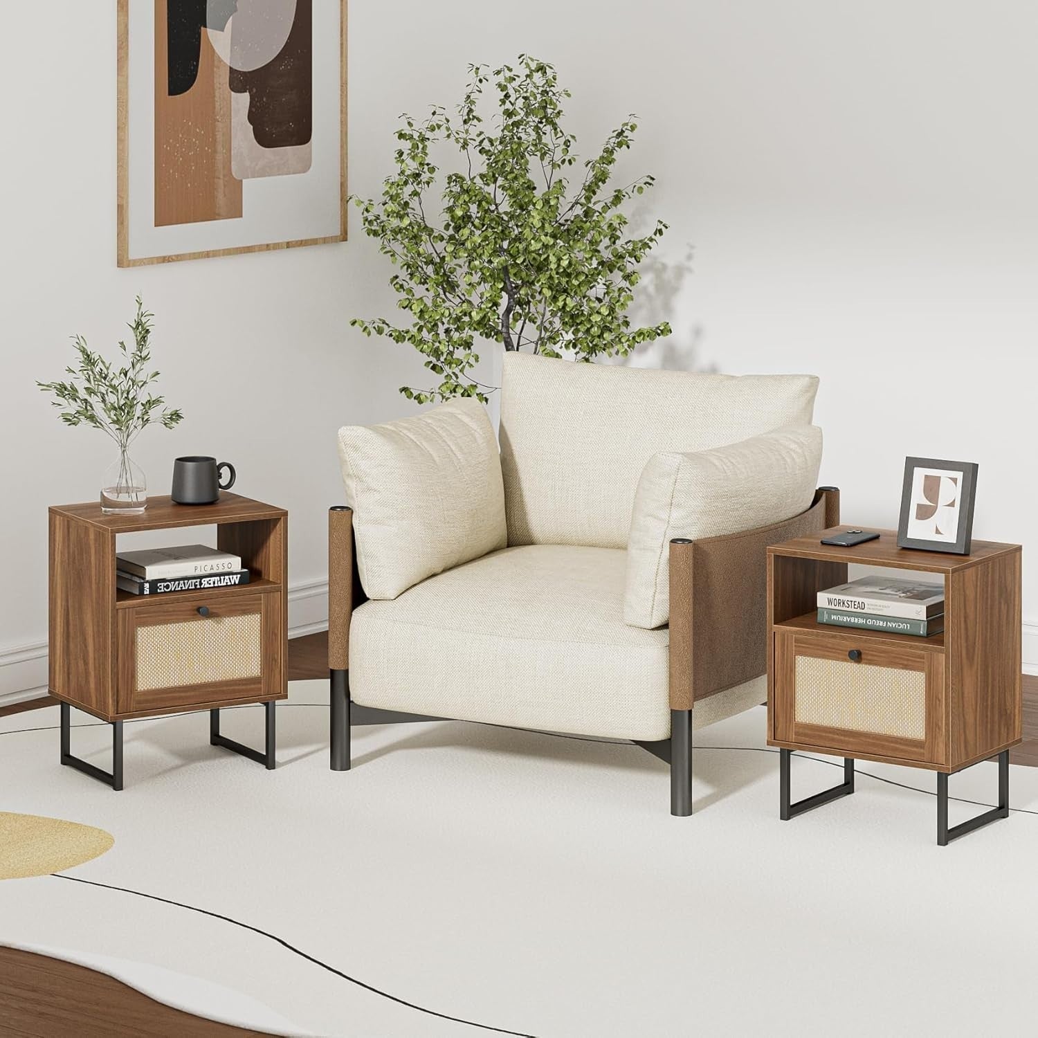 XL Rattan Bedside Table with Drawer Walnut Wood Nightstand Boho Farmhouse Style