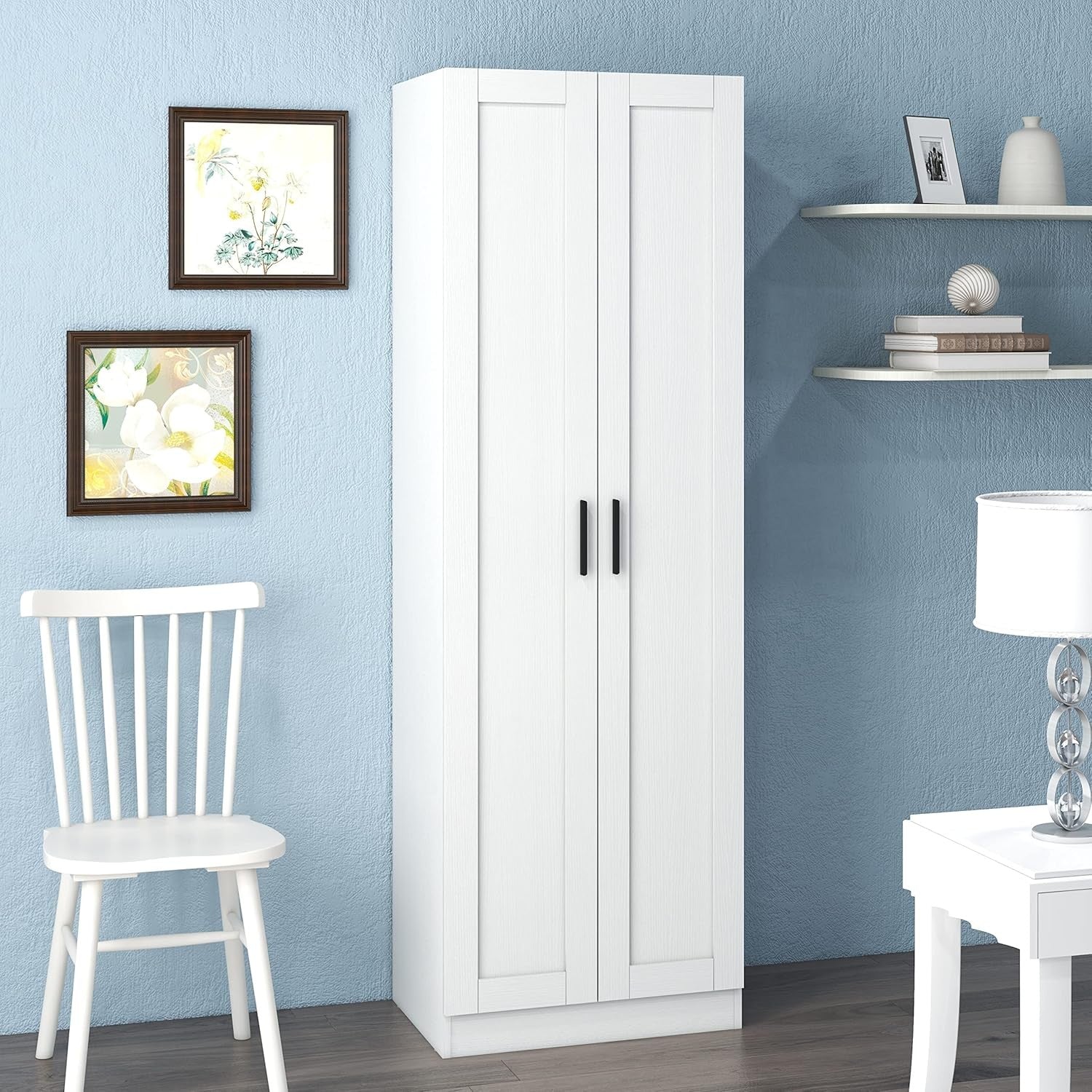 Tall White Storage Cupboard 2 Door Wooden Cabinet with Adjustable Shelves