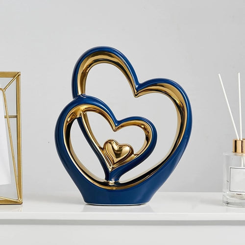 Blue Gold Double Heart Ornament • Luxury Ceramic Modern Home Decor Gift