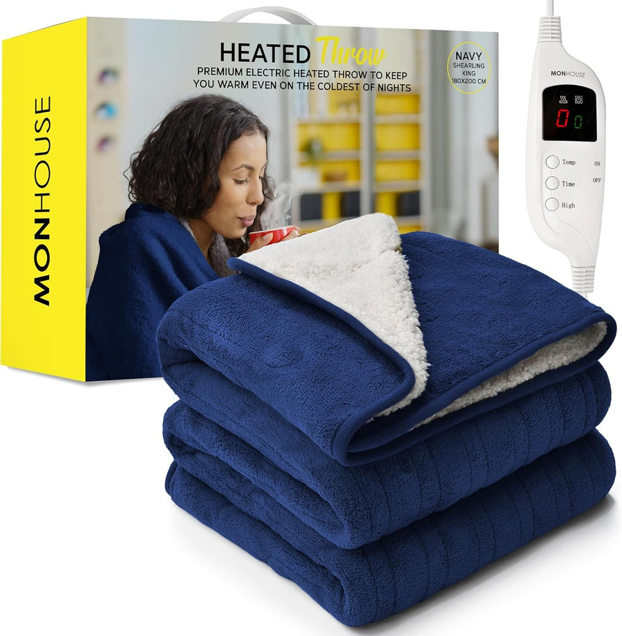 Electric Heated Throw King 180x200cm 9 Heat Levels Timer Washable Navy