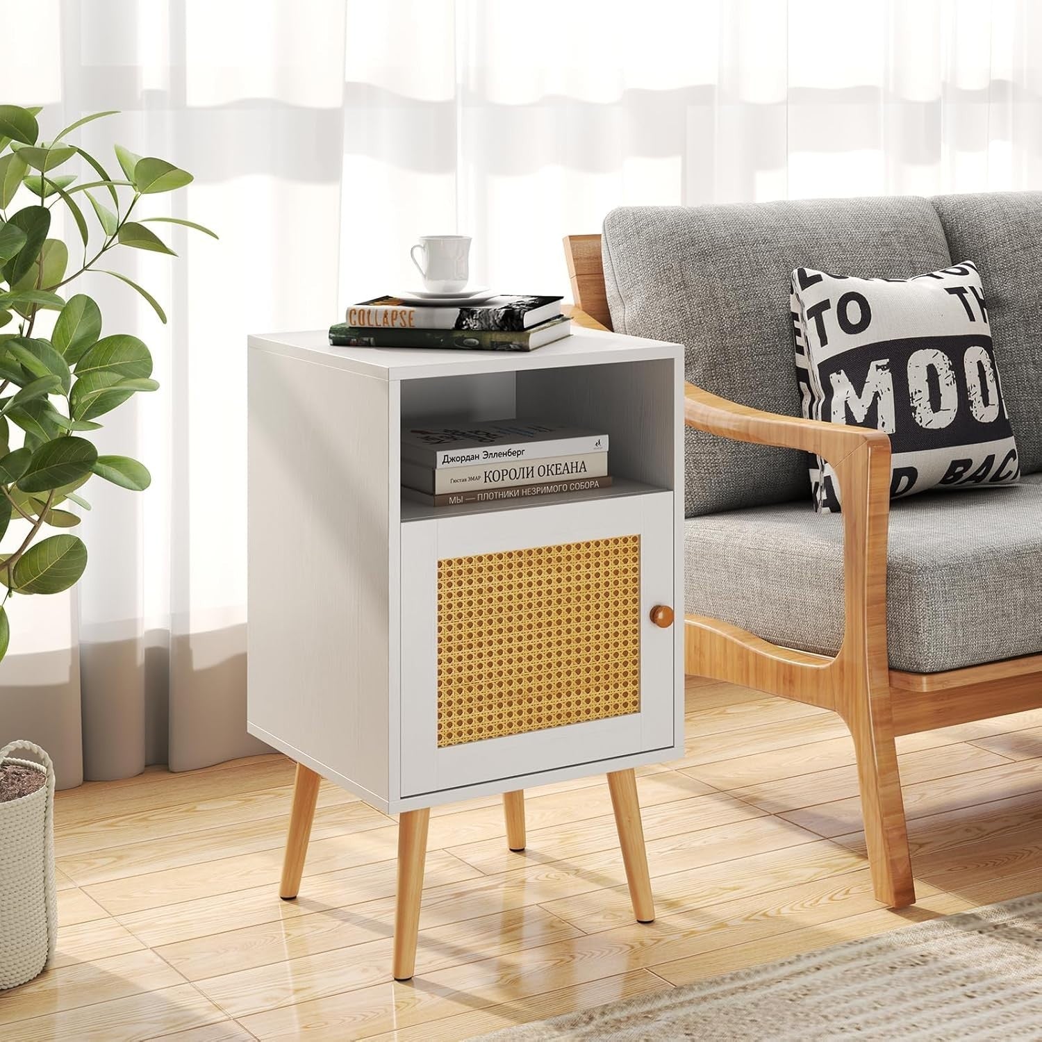 Set of 2 White & Natural Bedside Tables with Rattan Door | Modern Nightstands