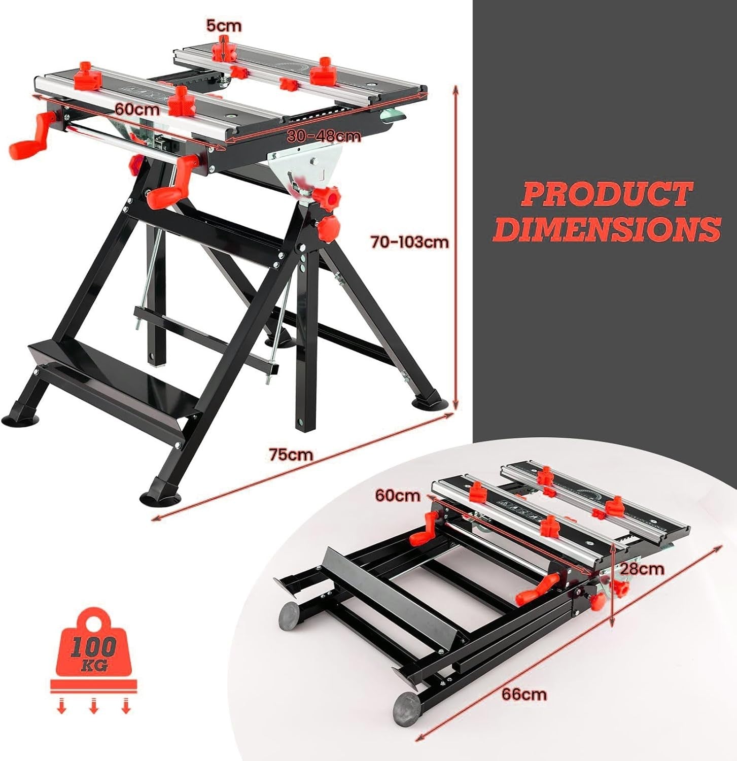 Red Folding Adjustable Workbench Tiltable Table 7-Height Portable 75x60