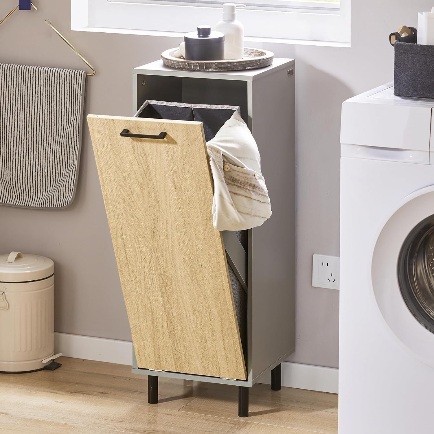 Slim Bathroom Laundry Cabinet with Fold Out Basket Wood Storage Unit Grey
