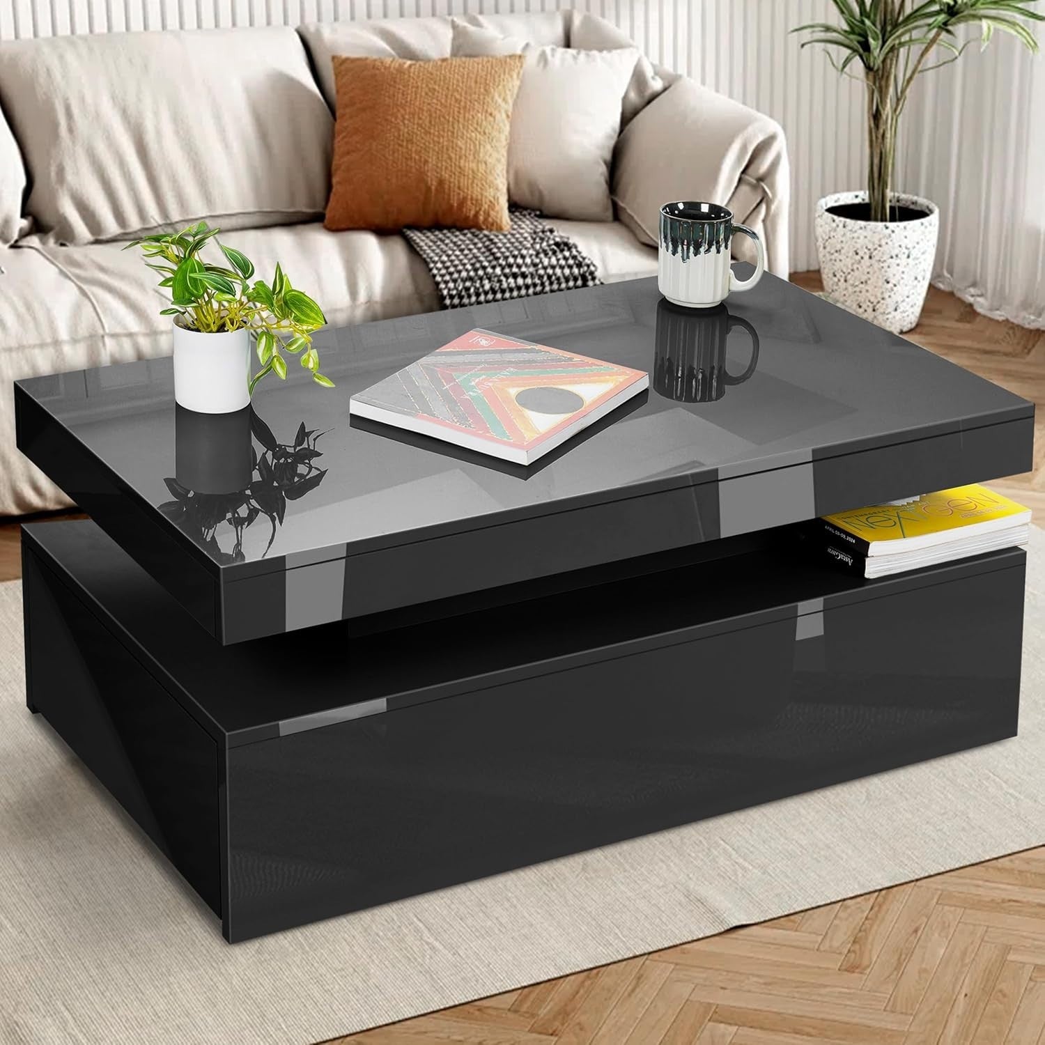 Black LED Coffee Table with 2 Drawers, High Gloss, RGB Lights 95x48x42cm