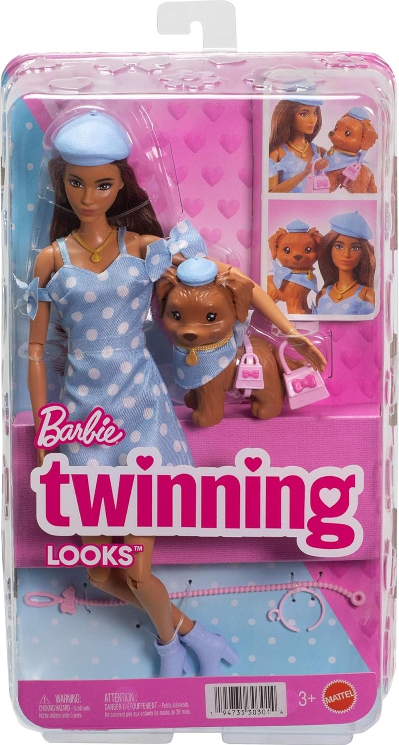 Fashion Doll & Puppy Matching Blue Outfit Beret Purses Play Set