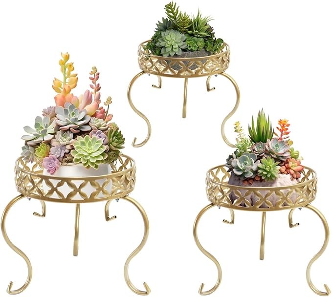 3 Pack Gold Metal Plant Stands Indoor Outdoor Flower Pot Holders Anti-Rust