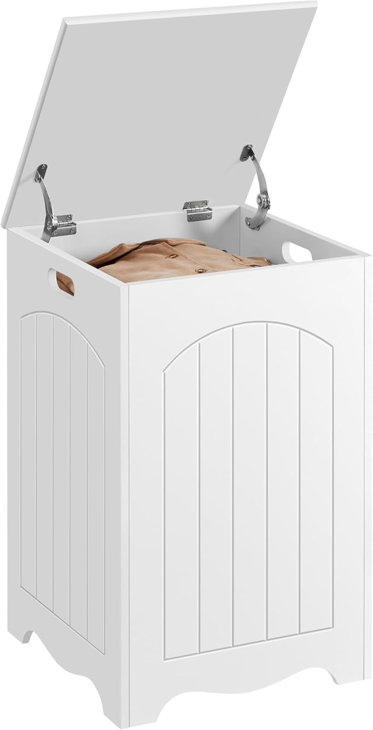 Large Wooden Laundry Basket Hamper with Hinged Lid Bathroom Storage White