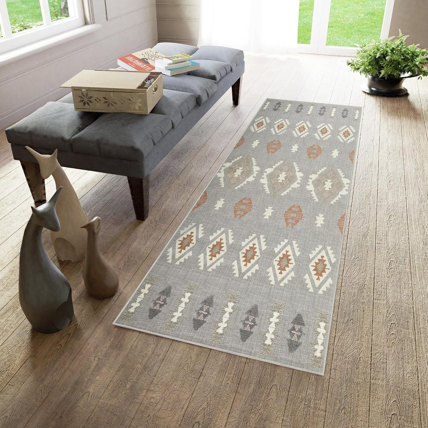 Grey Runner Rug 80x300cm Non Slip Hallway Carpet Low Pile Geometric