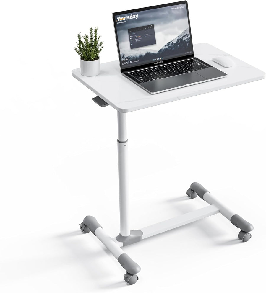 Marble White Overbed Table with Wheels Adjustable Hospital Bedside Laptop Desk