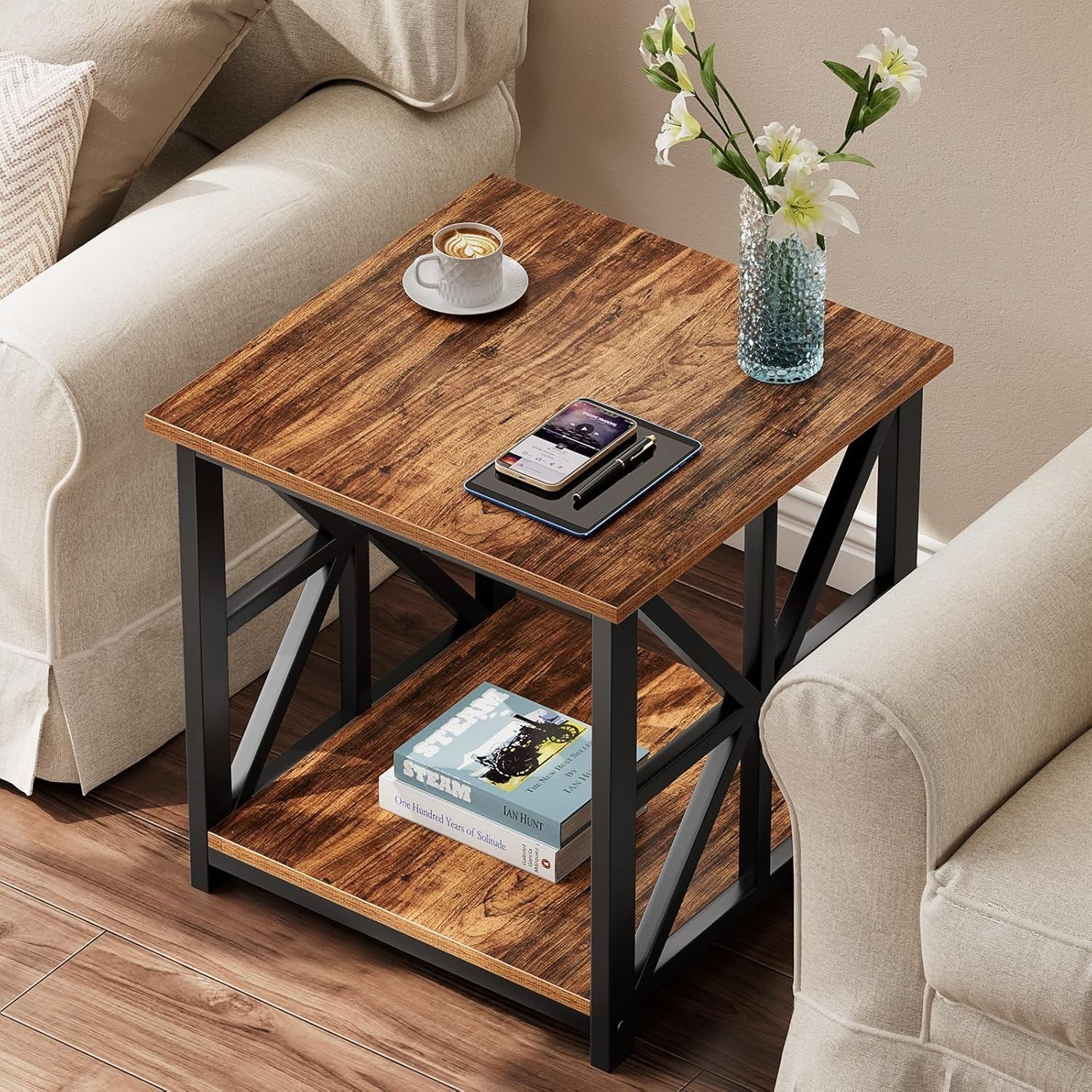 Walnut 2-Tier Square Side Table 60x60x60 cm | Large End Table w/ Storage
