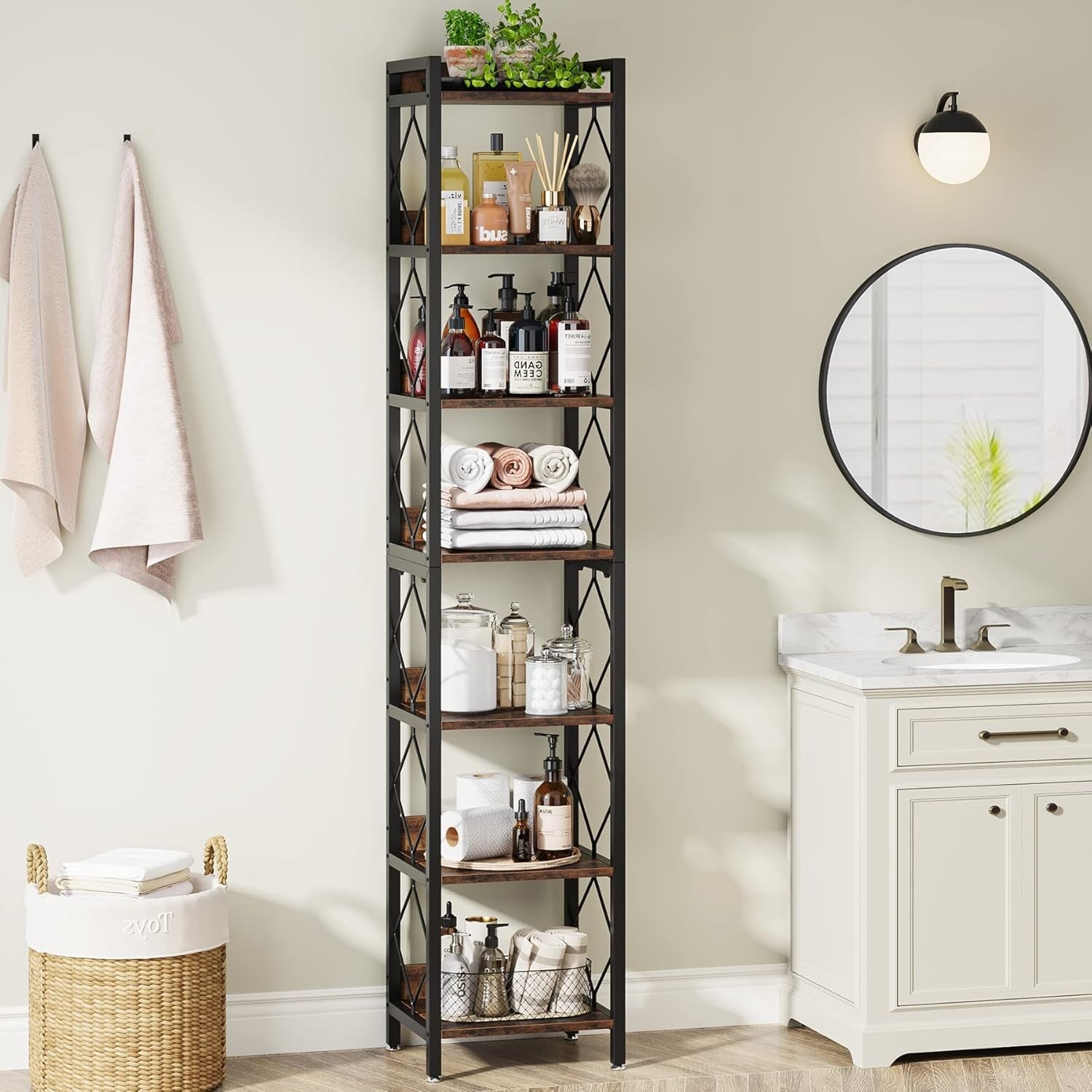 Extra Tall 7-Tier Narrow Bookshelf | 199cm Slim Rustic Display Shelf for Small S