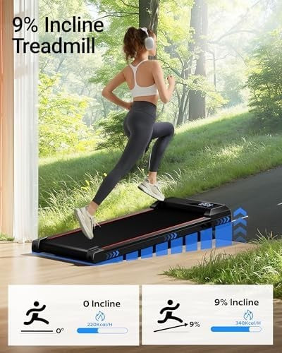 Under Desk Walking Pad Treadmill 9% Incline 2.5HP Compact Home Gym