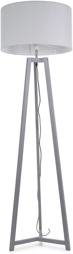 Grey Wooden Tripod Floor Lamp Fabric Drum Shade LED Living Room Light