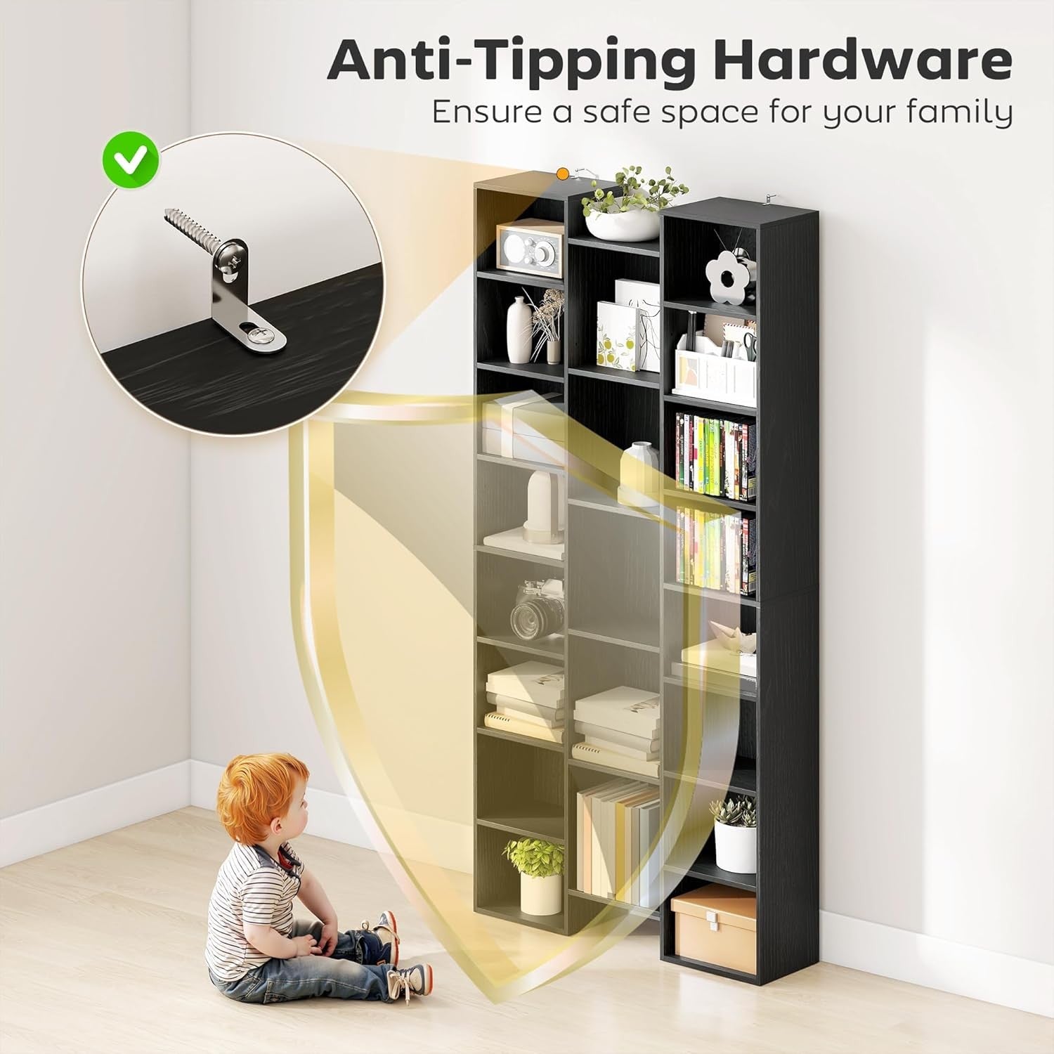 Tall 21-Cube Bookcase Black Adjustable Shelves Modern Storage Unit for Home Offi