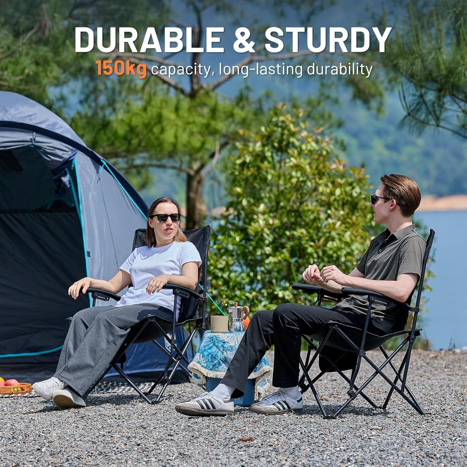 2x Folding Heavy Duty Camping Chairs 150kg Mesh Back Outdoor Garden BBQ