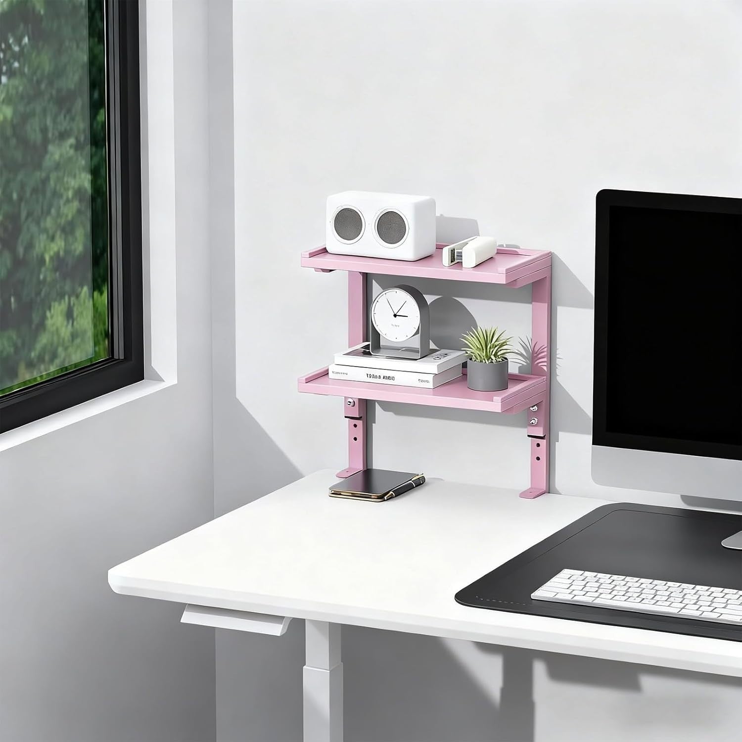 Pink Clamp-On Desk Shelf 2-Tier Adjustable Desktop Organizer Storage Rack
