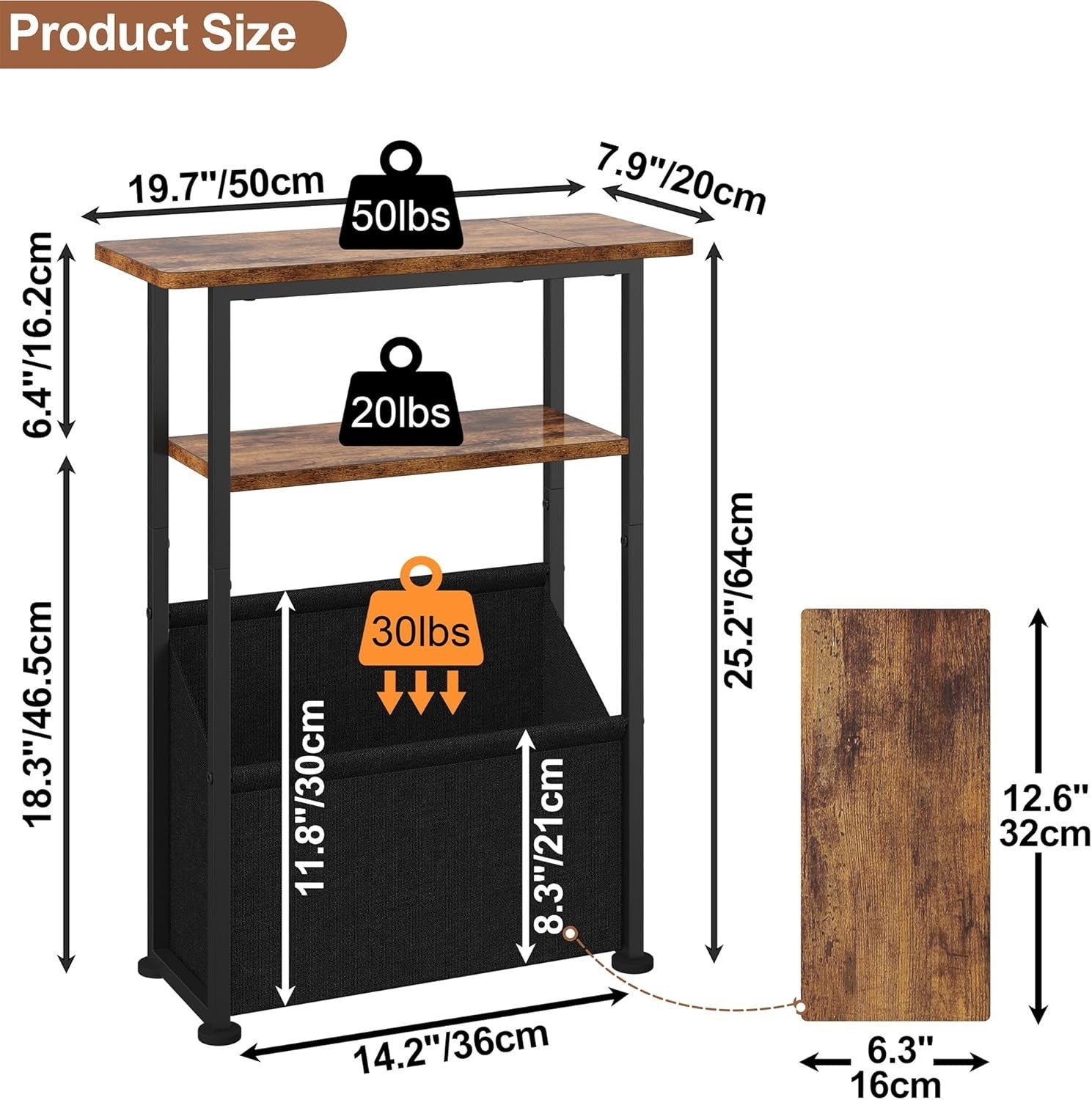 Rustic Narrow Side Table 3-Tier with Storage Basket – Slim Bedside Unit