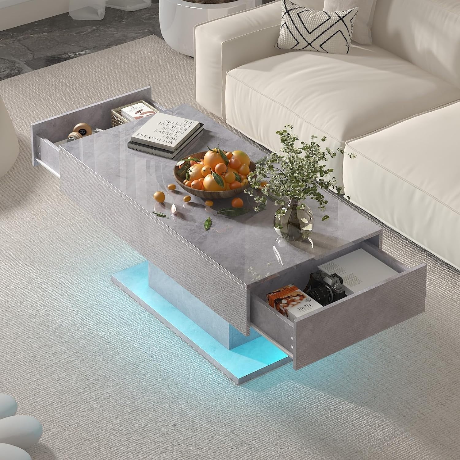 Grey Marble LED Coffee Table with 2 Drawers, High Gloss 110x55cm