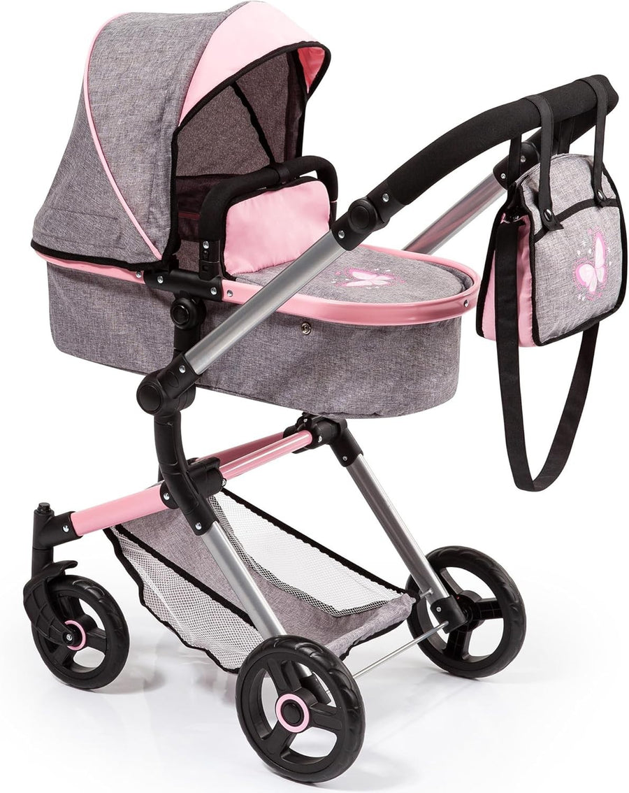 Convertible Doll Pram Stroller Foldable Adjustable Handle with Bag Butterfly