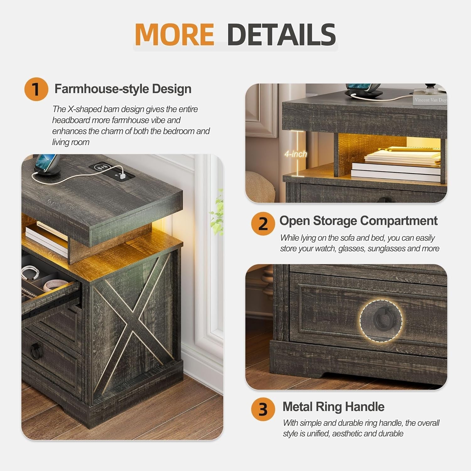 Set of 2 Rustic LED Bedside Tables with USB & Type-C Ports | Hidden Drawer