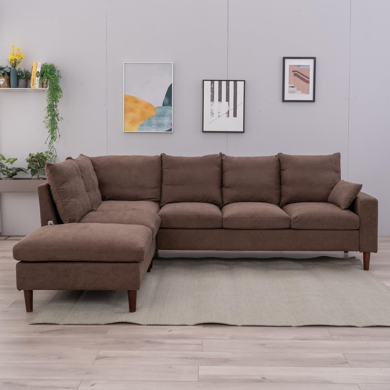 6 Seater L Shape Sofa with Chaise Brown Linen USB Charging Corner Couch