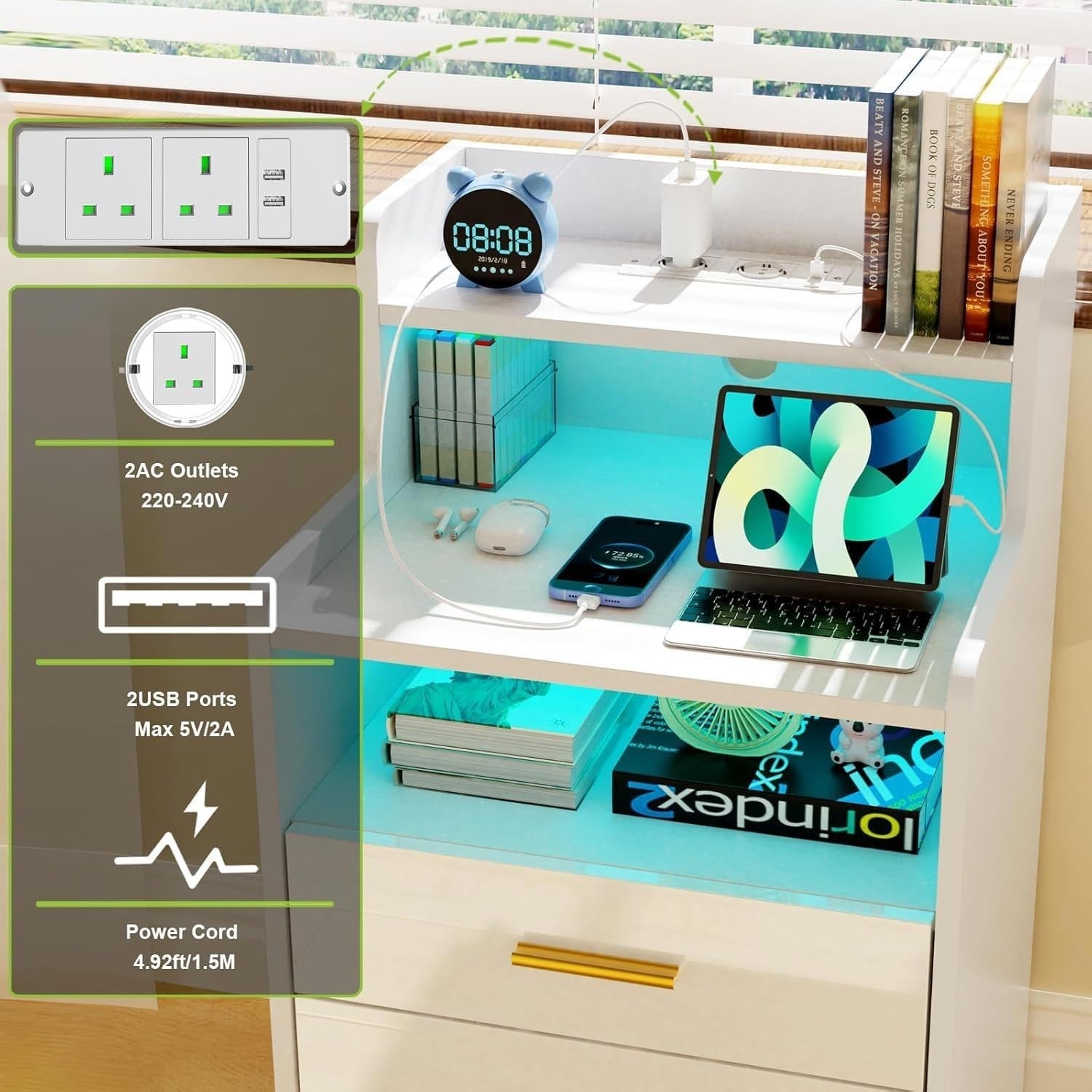 Modern LED Bedside Table with USB Charging, 3 Drawers + Shelf
