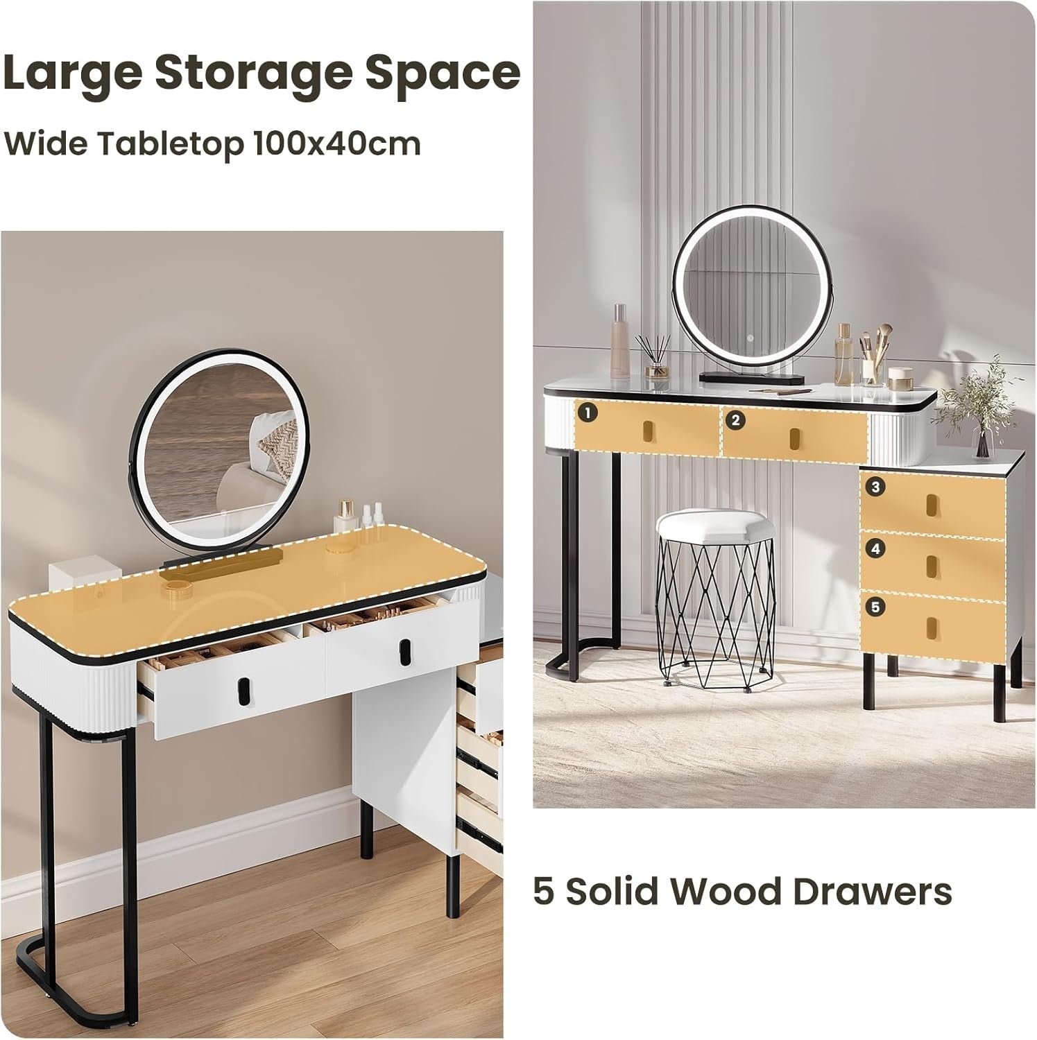 Large Vanity Dressing Table w/ 3-Color LED Mirror & 5 Drawers Storage Cabinet