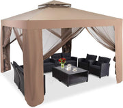 3x3M Brown Outdoor Gazebo With Zipped Mesh Sidewalls Double Roof Patio Tent