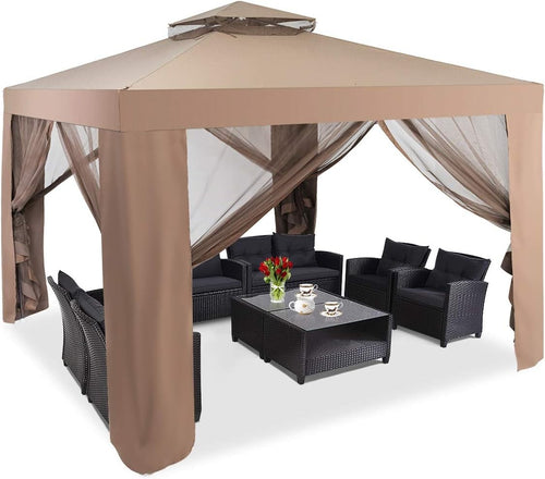 3x3M Brown Outdoor Gazebo With Zipped Mesh Sidewalls Double Roof Patio Tent