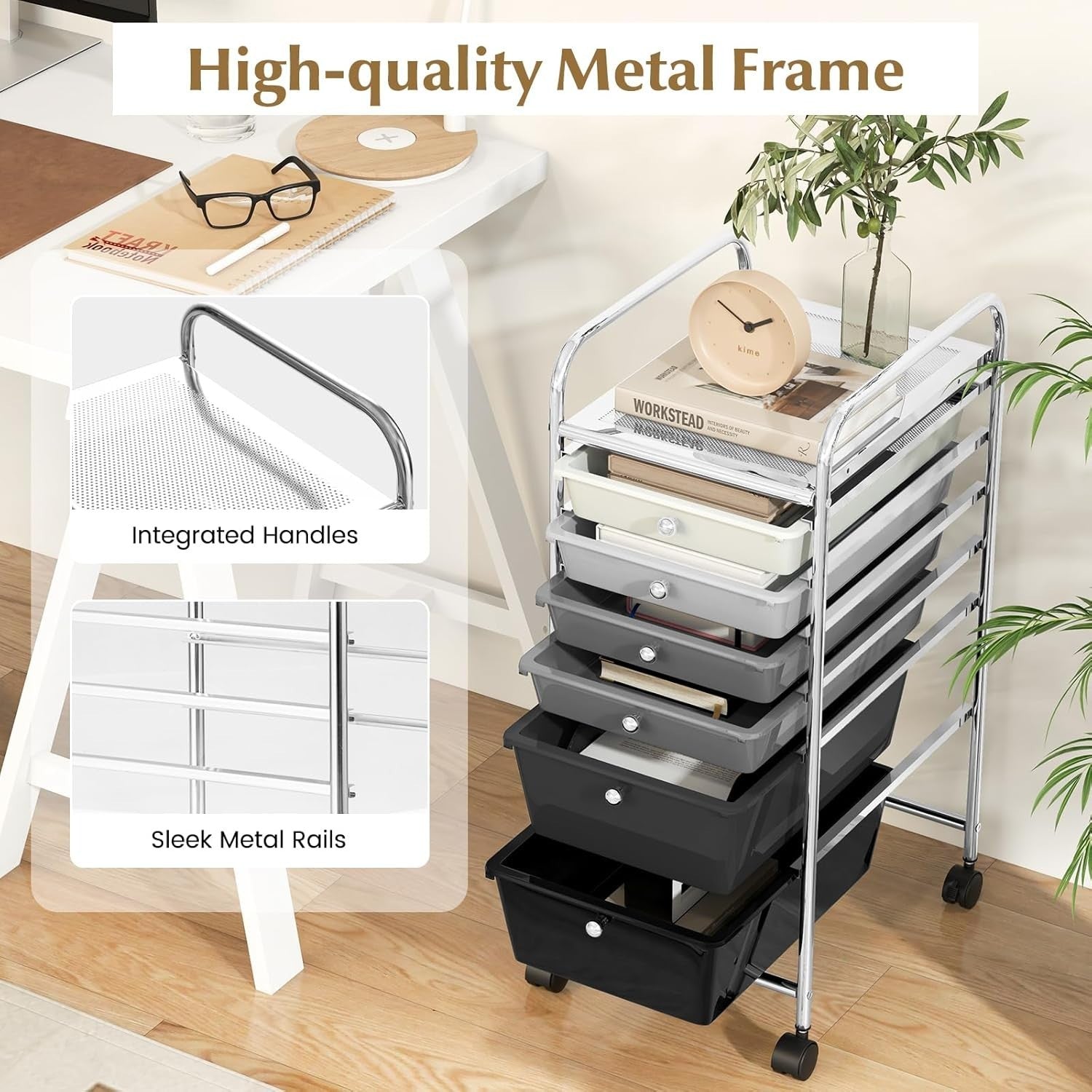 6 Drawer Gradient Black Storage Trolley Rolling Organizer with Wheels