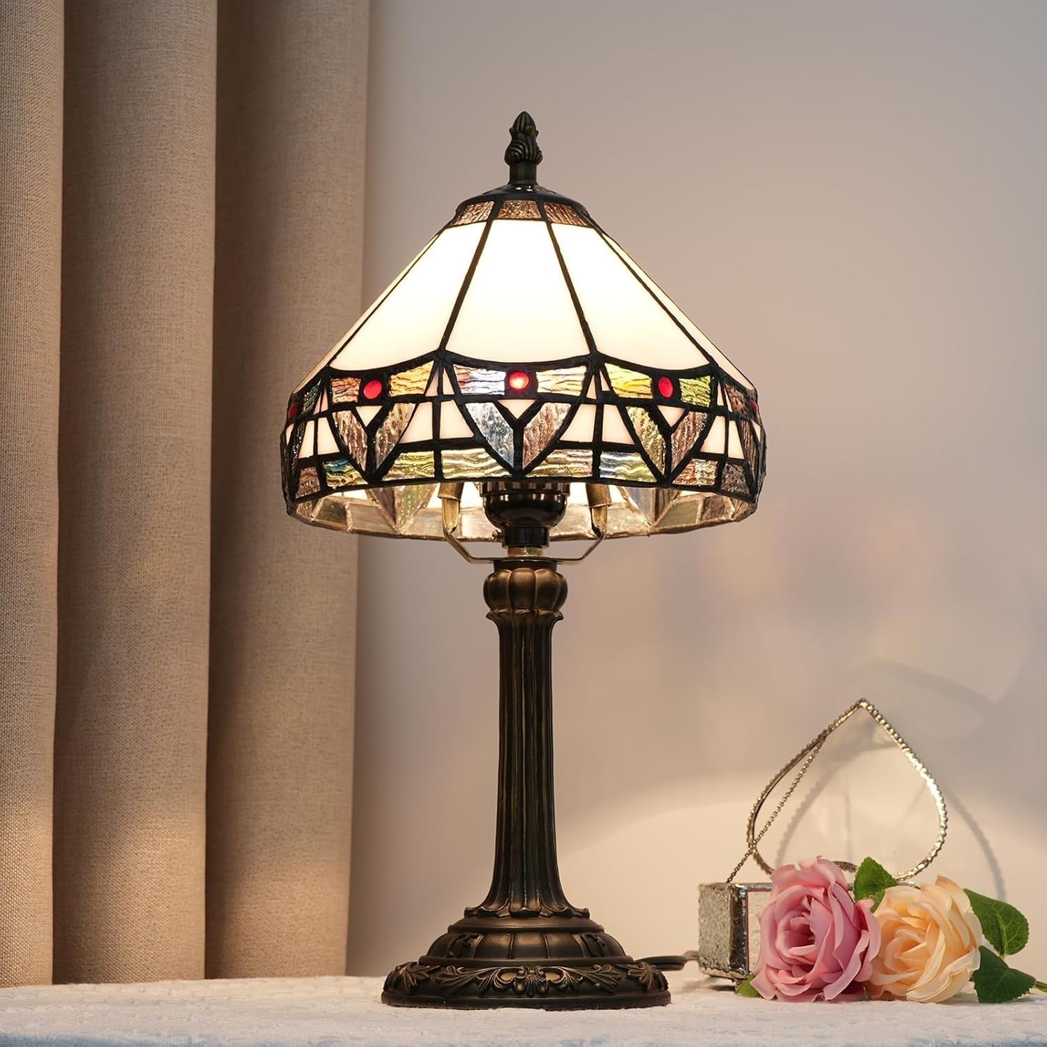 Stained Glass Table Lamp Rome Style 8x14 Inch Bedside Light Decor