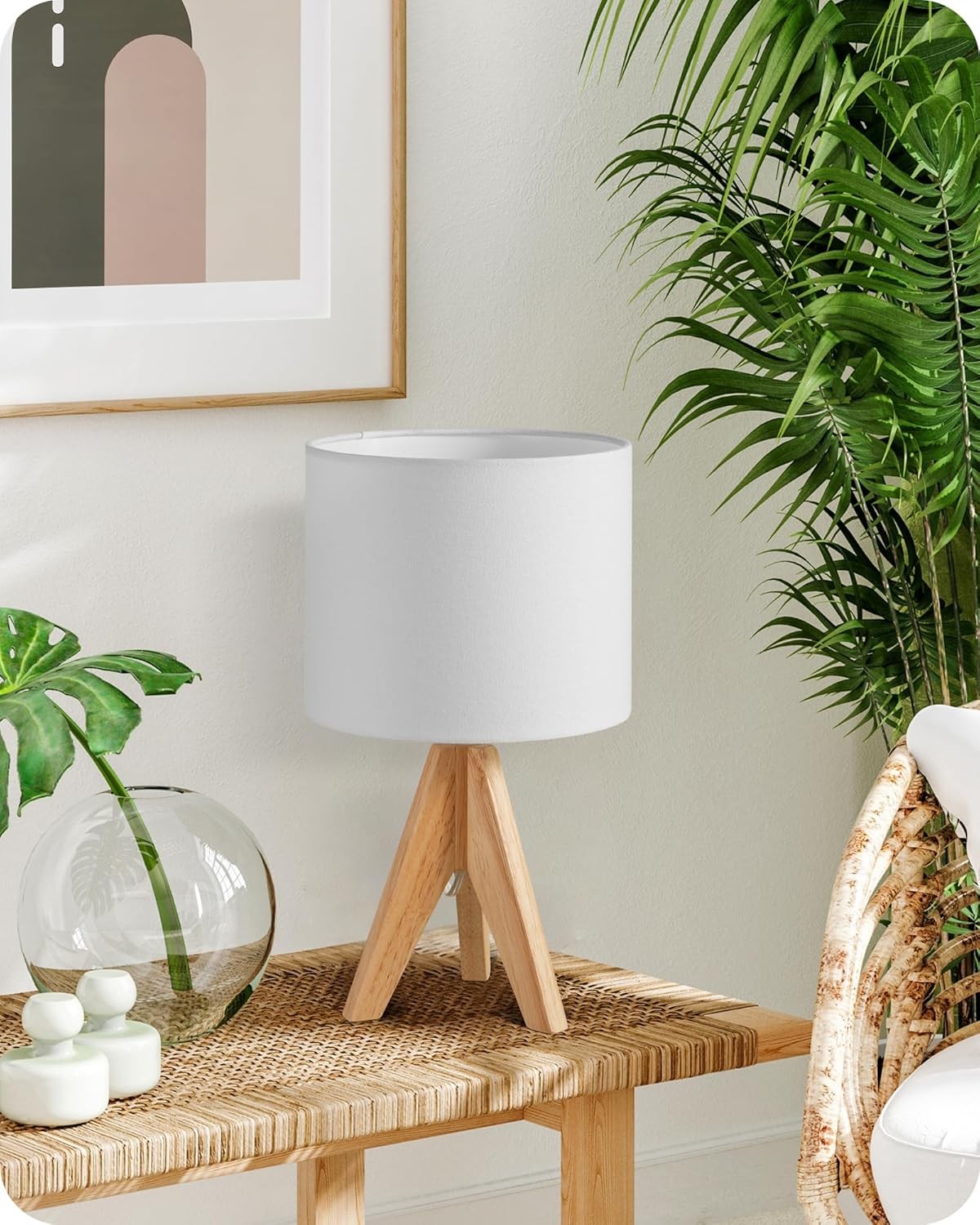 Wood Tripod Table Lamp Bedside Desk Light Linen Shade Reading Bedroom Office