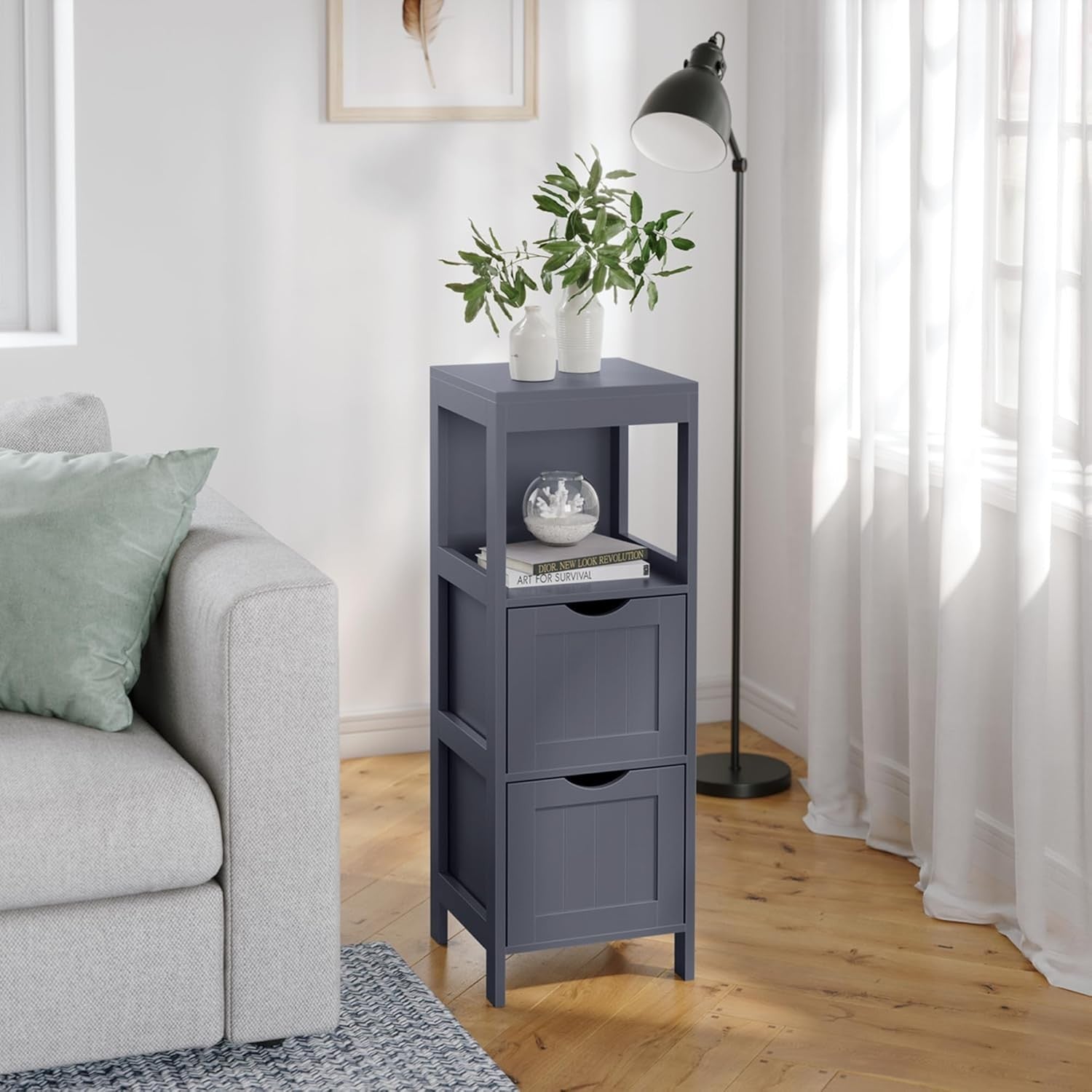 Tall Slate Grey Bathroom Cabinet – 2 Drawers + Open Shelf Modern Storage Unit