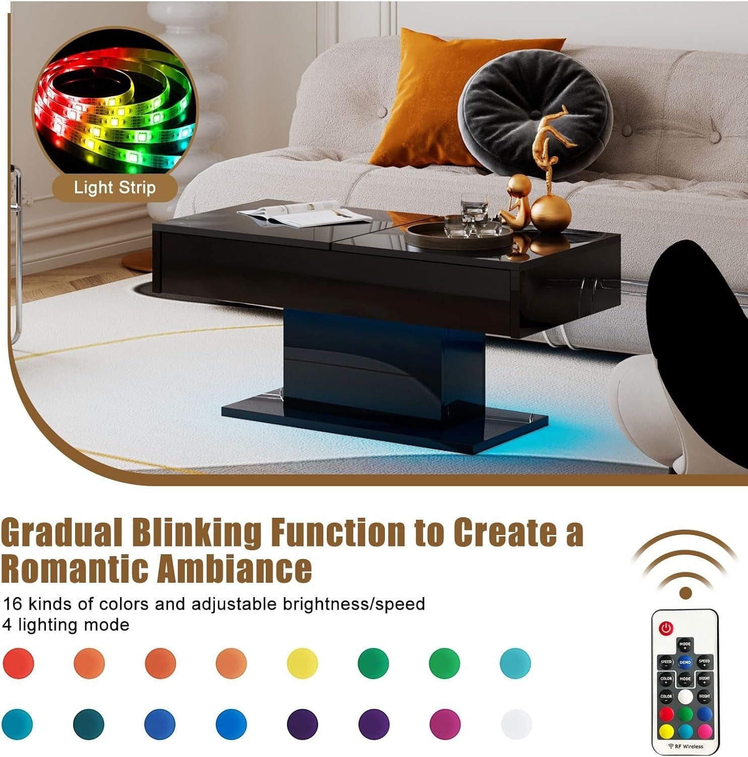 Modern Black High-Gloss Coffee Table with LED Lights & Hidden Storage Drawers
