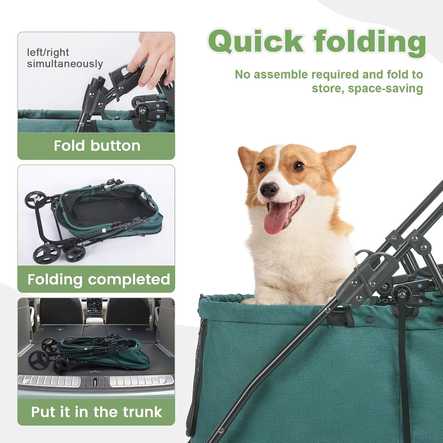 Dark Green Dog Stroller 4 Wheel Heavy Duty Foldable Jogger Pram Small Medium