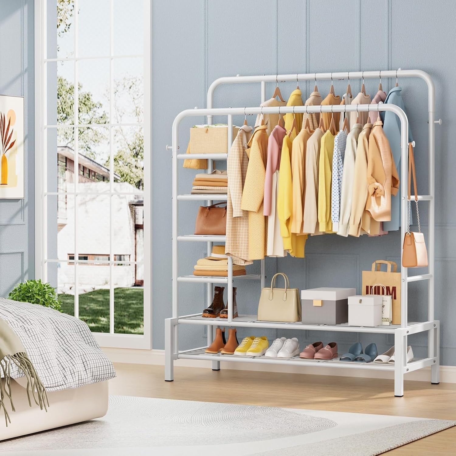 Heavy Duty Clothes Rail Double Rods Shelves Shoe Rack White