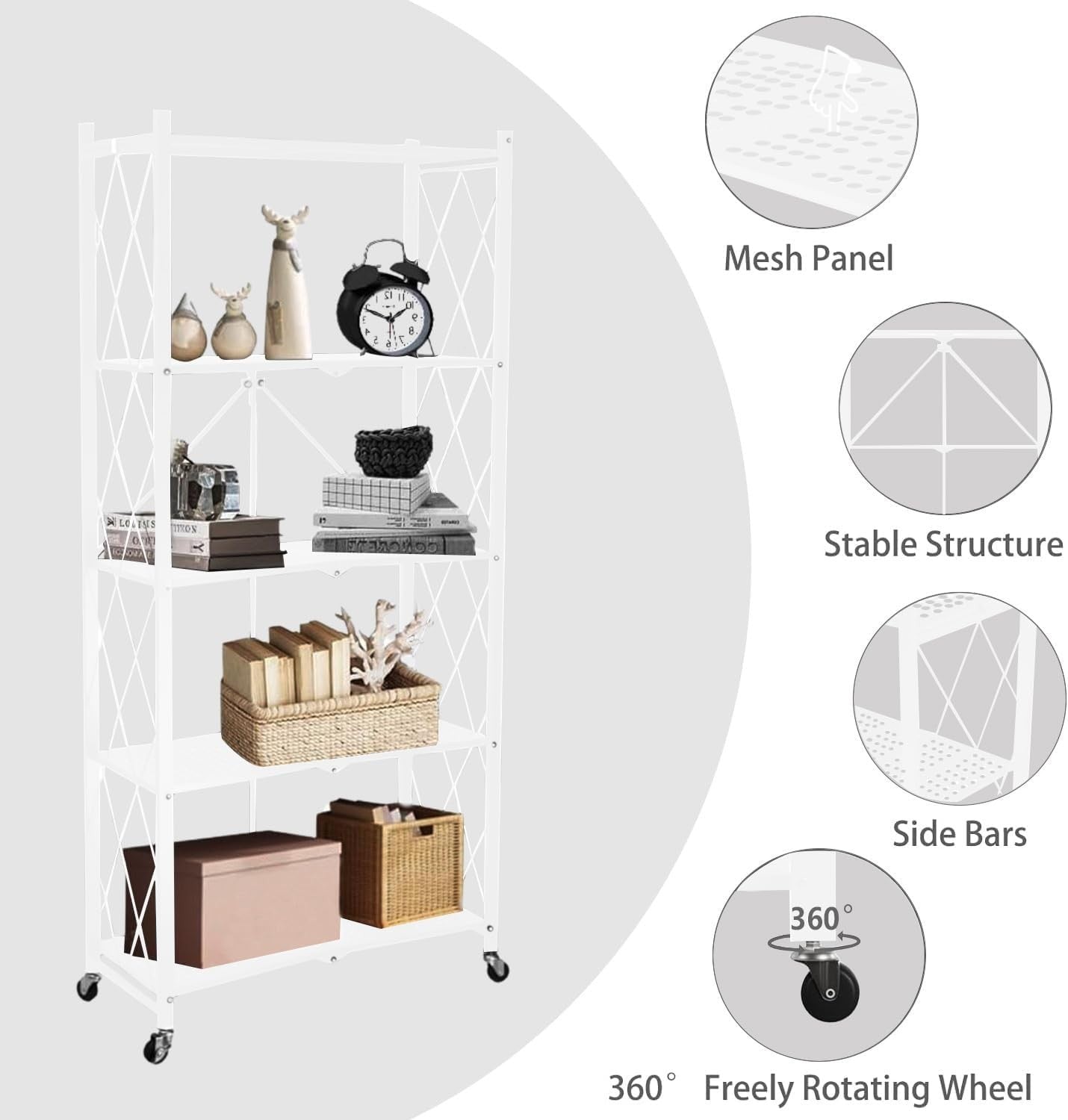 5 Tier Kitchen Storage Rack on Wheels Folding Rolling Pantry Shelf Unit