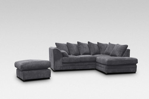 Grey Jumbo Cord 4-Seater L Shape Corner Sofa with Footstool - Removable Covers