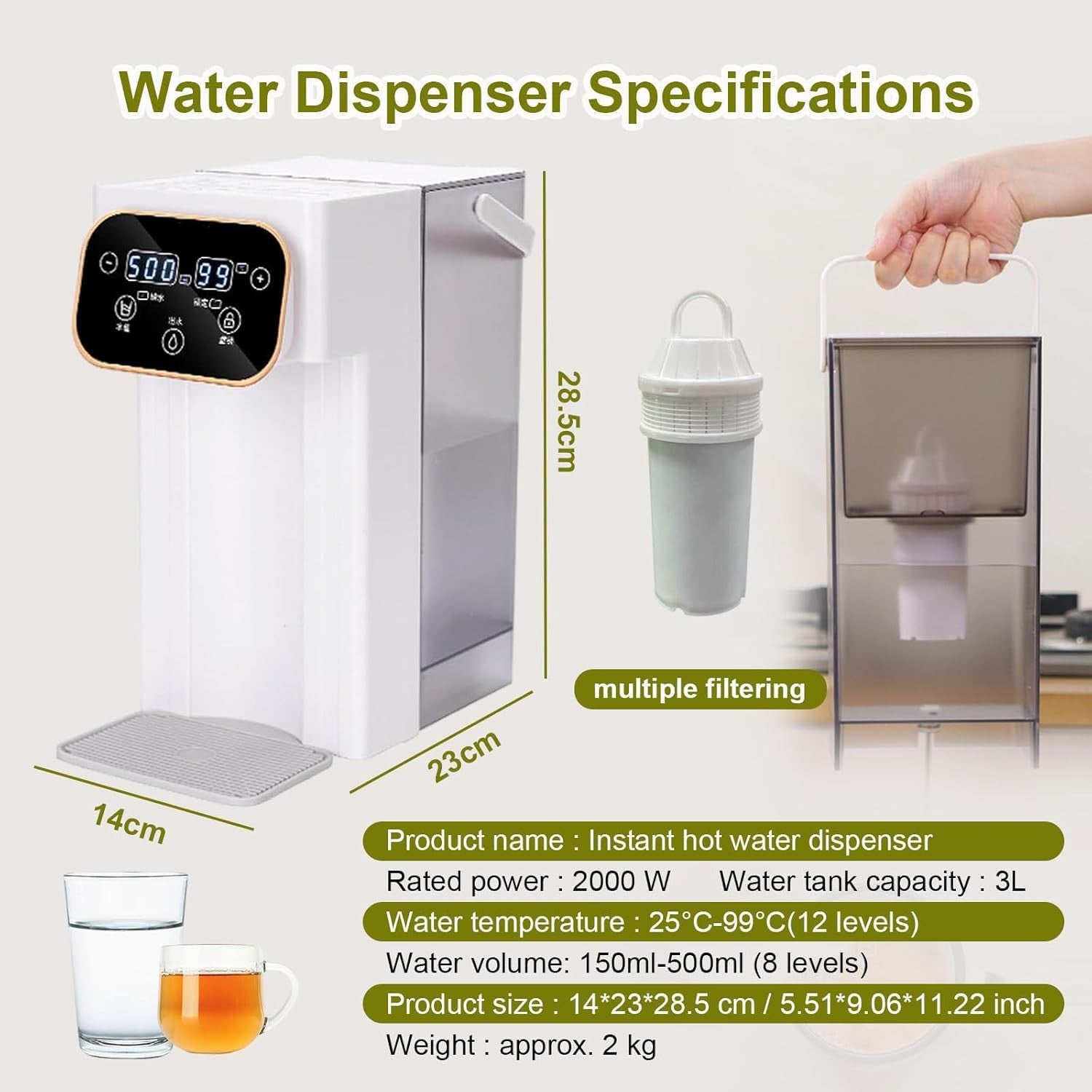 Instant Hot Water Dispenser 3L Touch Control 12 Temp Cup Size Child Lock