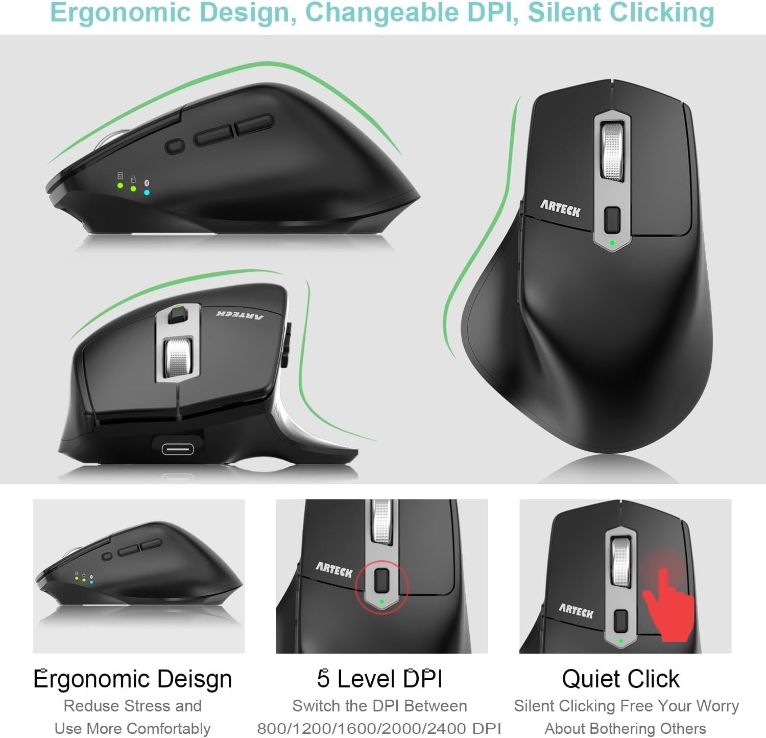 Multi Device Wireless Mouse Silent Ergonomic Rechargeable Bluetooth USB-C