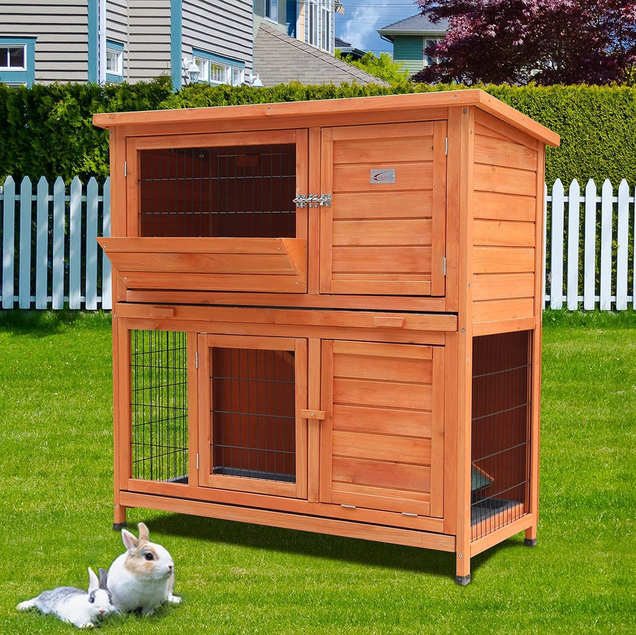 Large 2 Tier Rabbit Hutch Double Decker Cage with Ramp Sliding Trays
