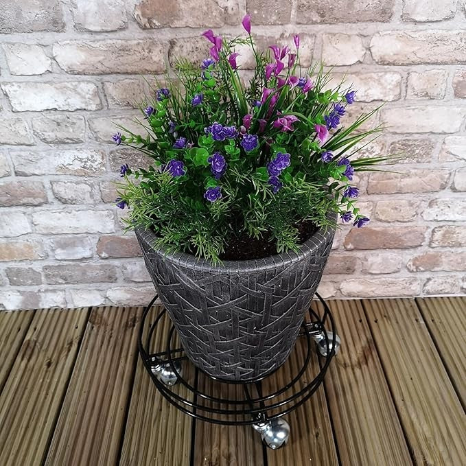 Heavy Duty Metal Plant Pot Stand with Wheels Round Flower Caddy Trolley Black