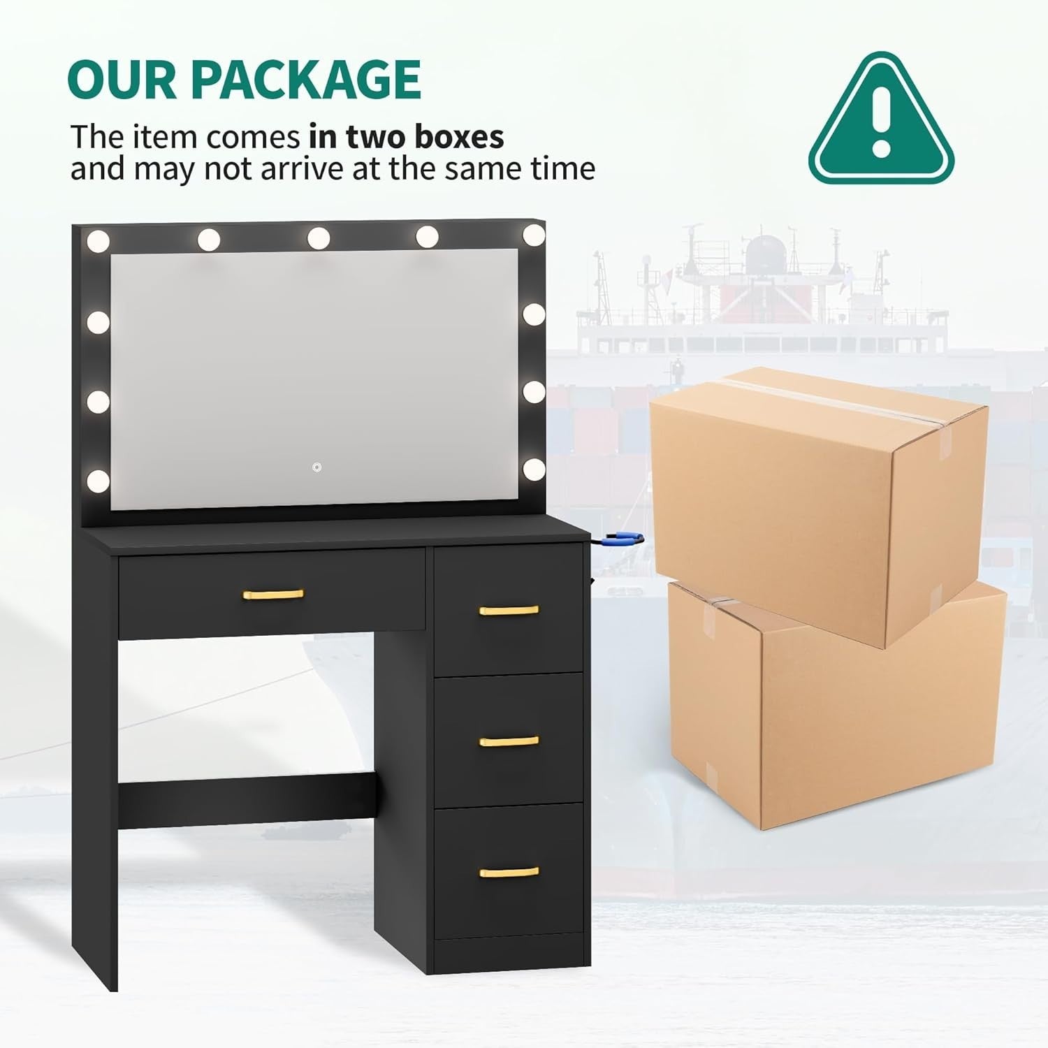 Black Vanity Set with Lighted Mirror Desk 4 Drawers Stool Power Outlet Station