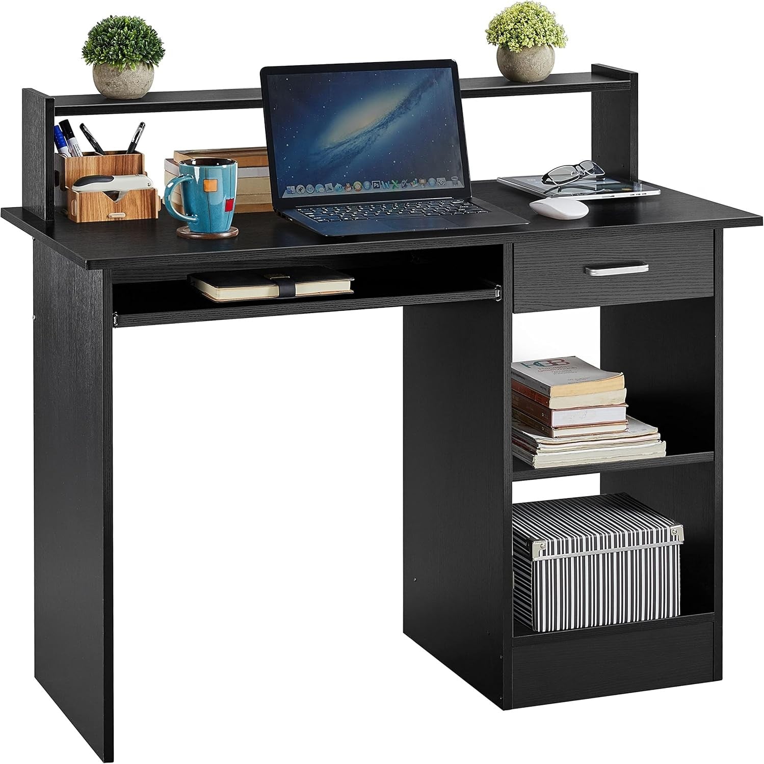 Black Computer Desk with Drawers Storage Shelf Keyboard Tray Home Office