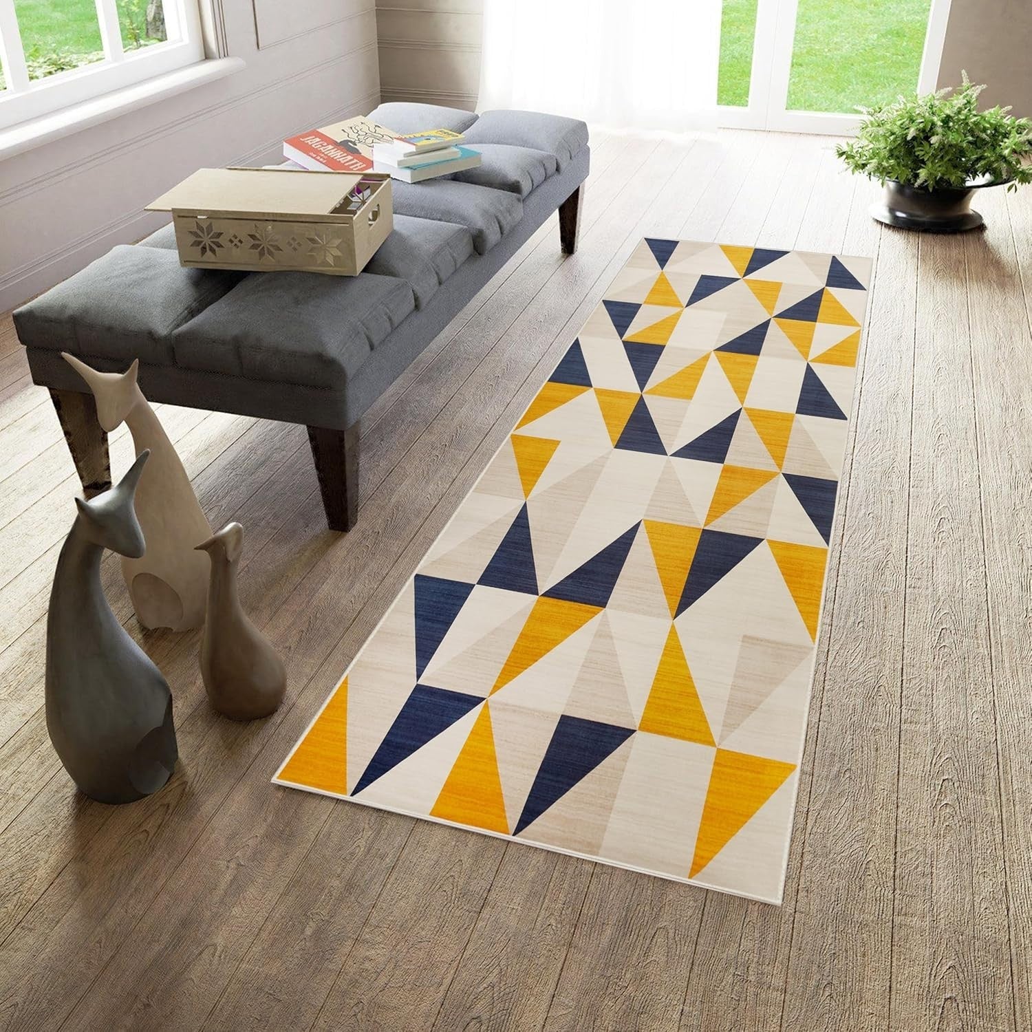 Yellow Runner Rug 80x300cm Non Slip Hallway Low Pile Modern Geometric Carpet