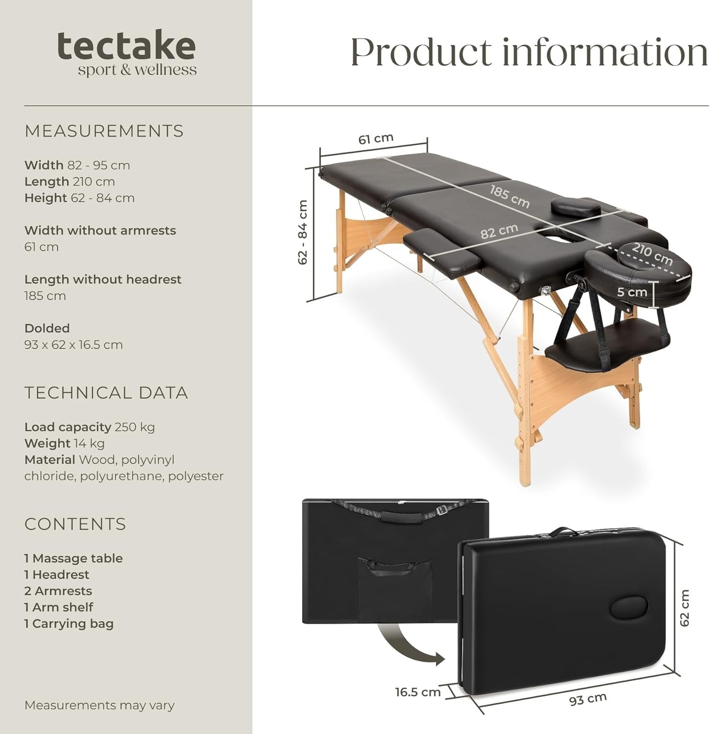 Portable Massage Table Foldable Beauty Therapy Bed 61cm Adjustable Black