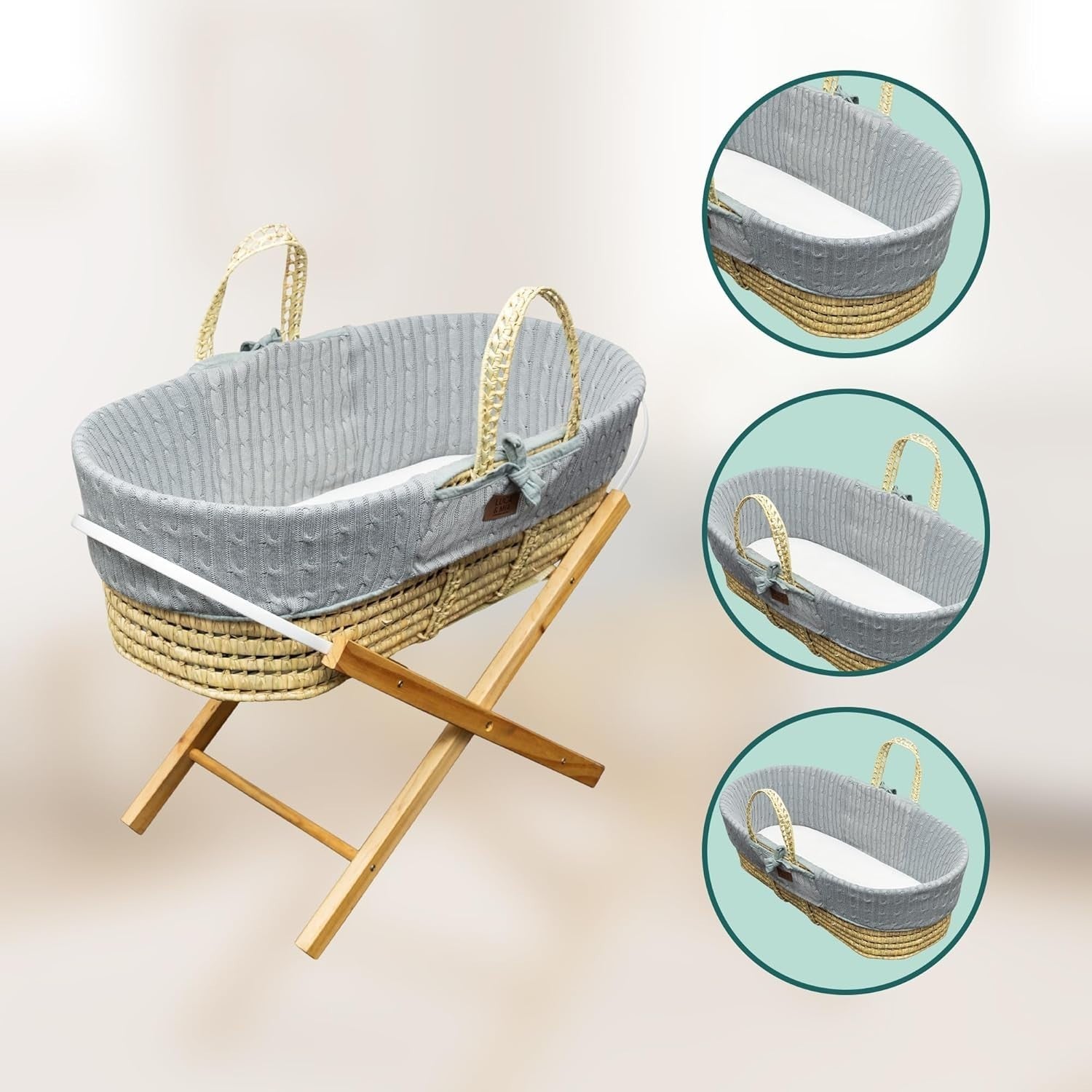 Grey Knitted Moses Basket with Rocking Folding Stand & Mattress Baby Bed Crib