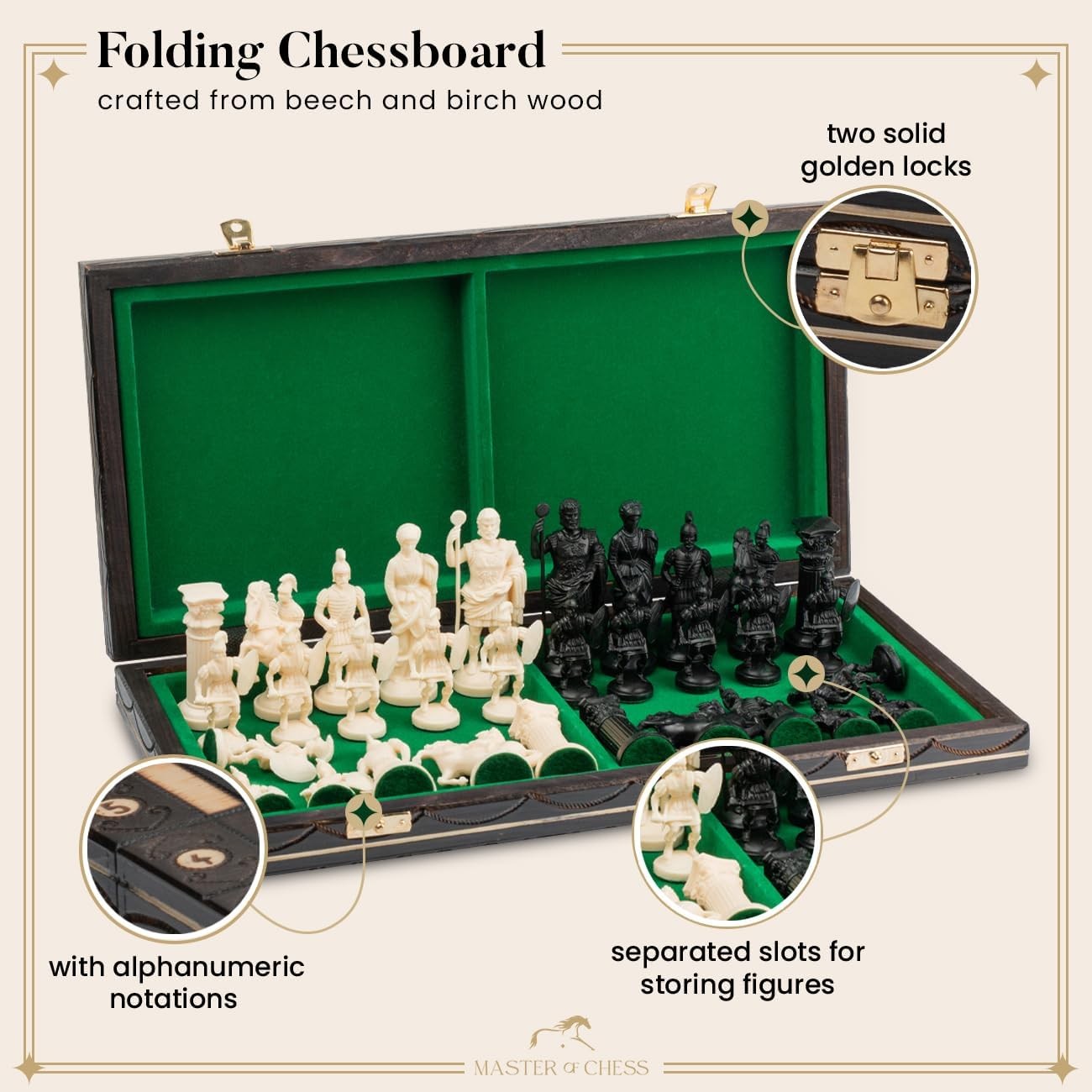 16" Spartan Medieval Chess Set Weighted Pieces & Engraved Folding Board