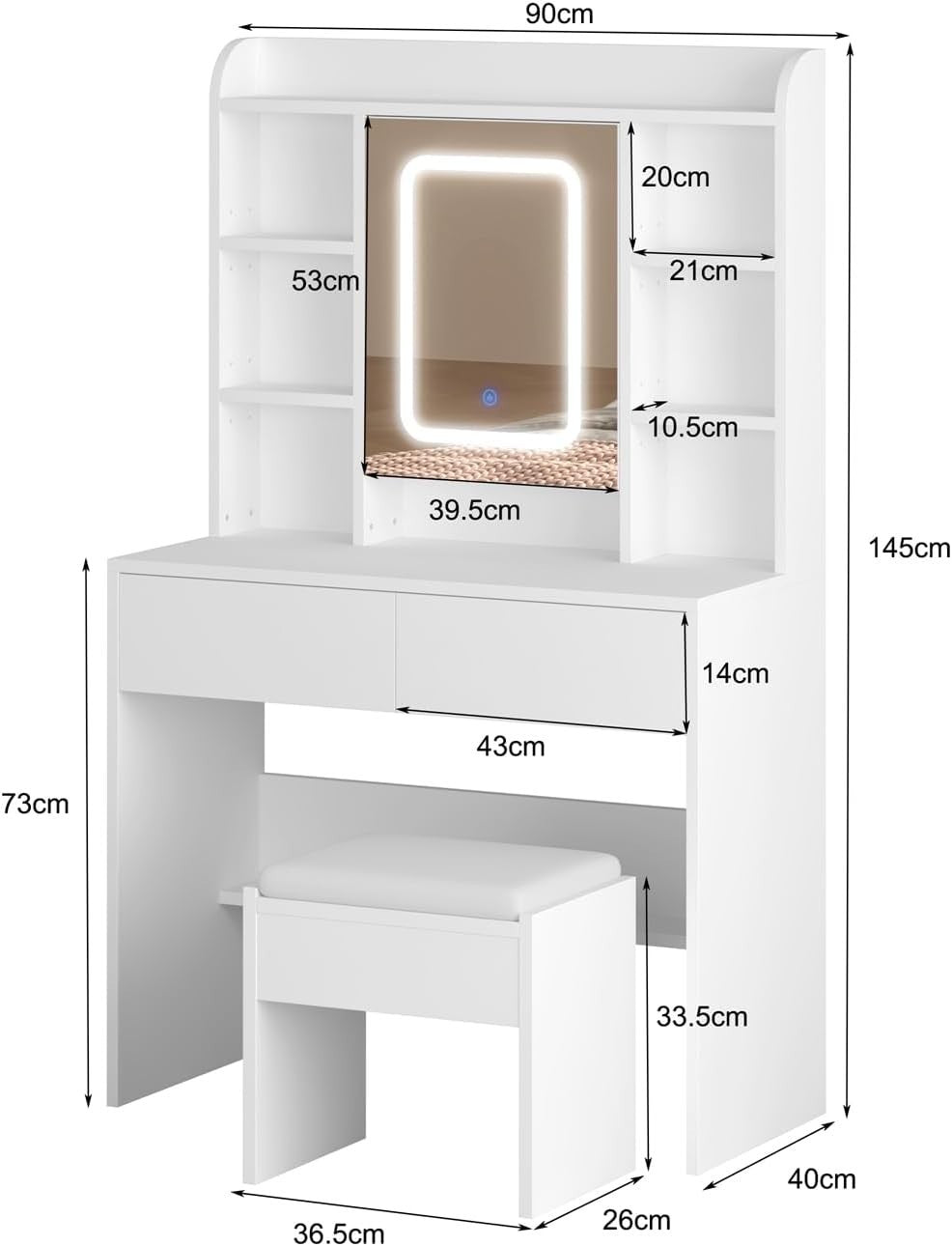 Modern White Dressing Table Vanity Set LED Mirror Adjustable Shelves Wood