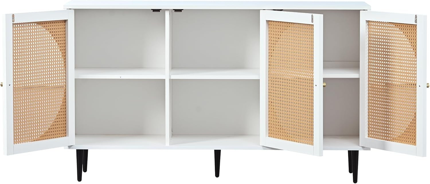 White Rattan Sideboard Cabinet Storage Unit with 3 Doors & Metal Legs